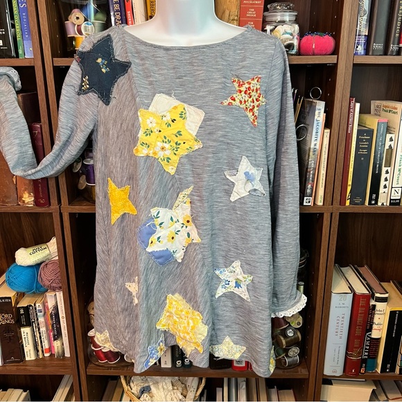 Upcycled Patchwork Star Print Distressed Cotton Stretch Tunic Top - Picture 2 of 14